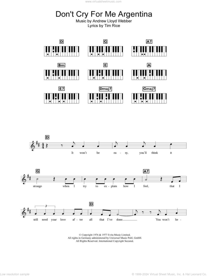 Don't Cry For Me Argentina sheet music for piano solo (chords, lyrics, melody) by Andrew Lloyd Webber and Tim Rice, intermediate piano (chords, lyrics, melody)