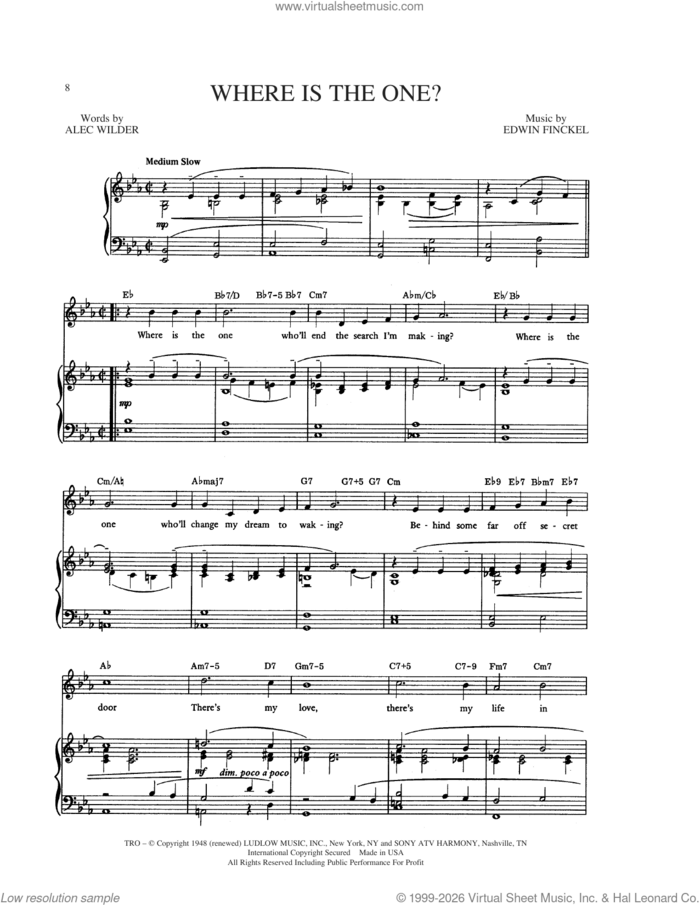 Where Is The One sheet music for voice, piano or guitar by Alec Wilder, Frank Sinatra, William Engvick and Edwin Finckel, intermediate skill level