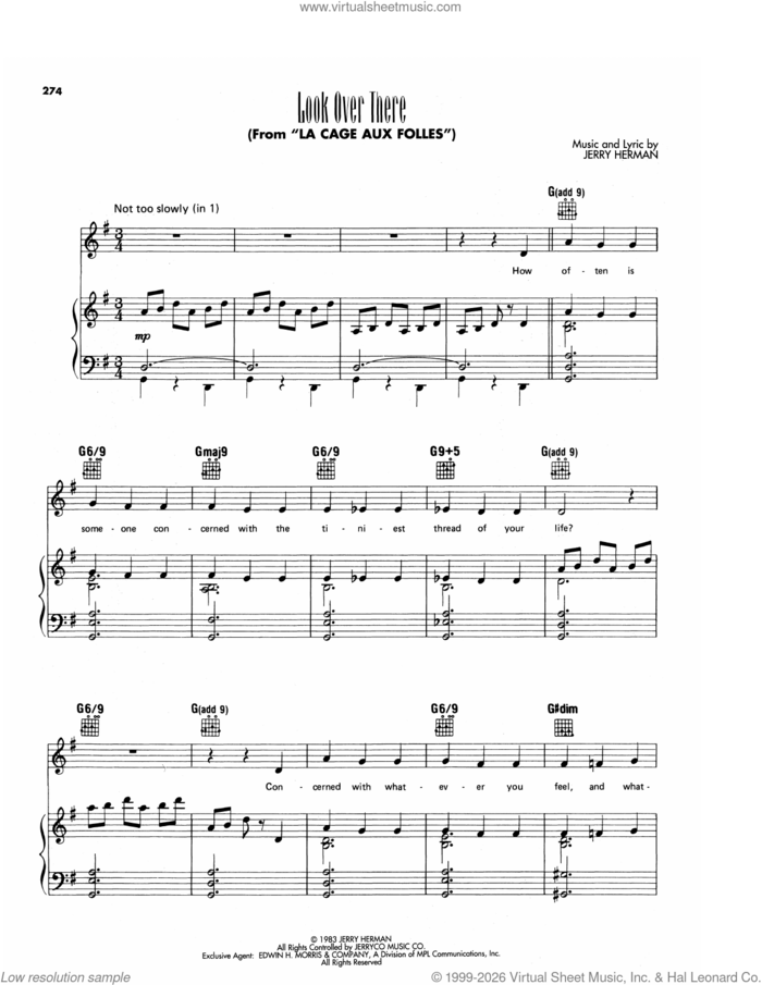 Look Over There (from La Cage Aux Folles) sheet music for voice, piano or guitar by Jerry Herman, intermediate skill level
