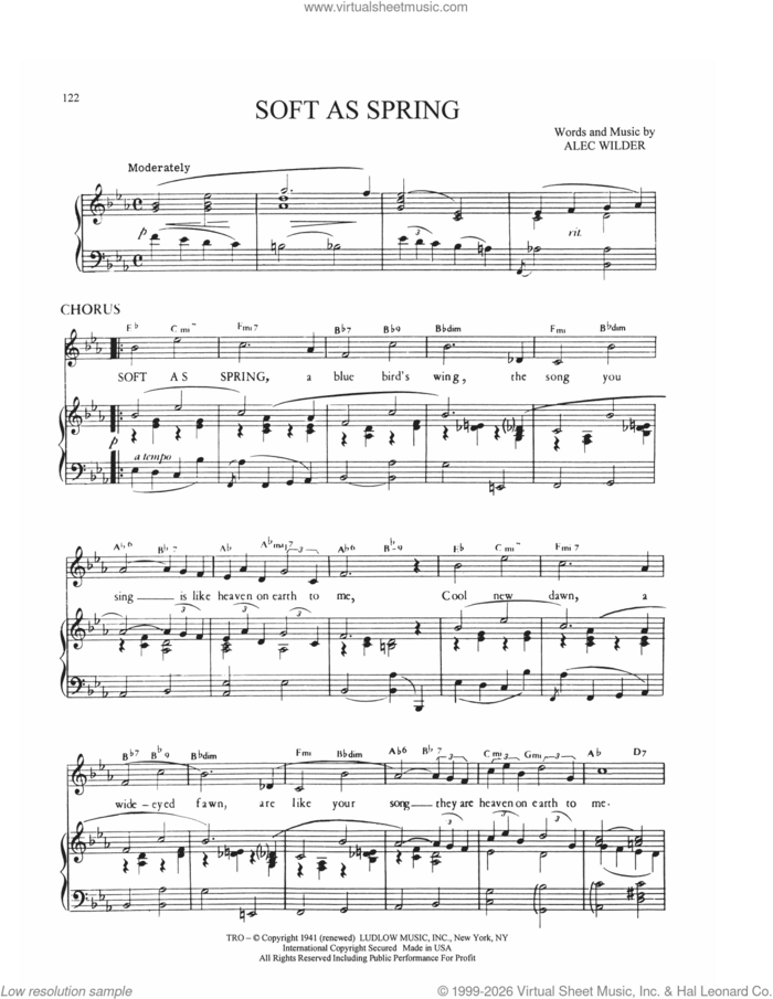 Soft As Spring sheet music for voice, piano or guitar by Alec Wilder and William Engvick, intermediate skill level