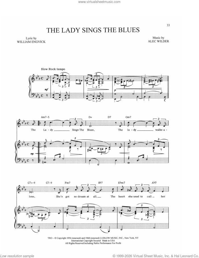 The Lady Sings The Blues sheet music for voice, piano or guitar by Alec Wilder and William Engvick, intermediate skill level