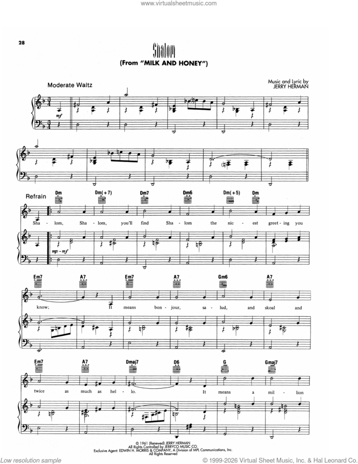 Shalom (from Milk And Honey) sheet music for voice, piano or guitar by Jerry Herman, intermediate skill level