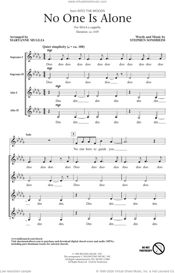 No One Is Alone (from Into The Woods) (arr. MaryAnne Muglia) sheet music for choir (SSAA: soprano, alto) by Stephen Sondheim and MaryAnne Muglia, intermediate skill level
