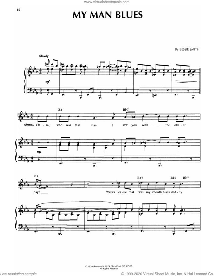 My Man Blues sheet music for voice, piano or guitar by Bessie Smith, intermediate skill level