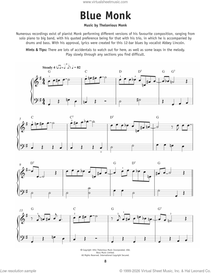 Blue Monk sheet music for piano solo by Thelonious Monk, beginner skill level