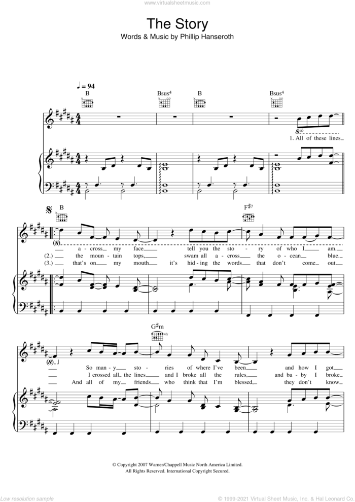 The Story sheet music for voice, piano or guitar by Brandi Carlile and Phillip Hanseroth, intermediate skill level