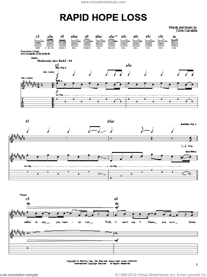 Rapid Hope Loss sheet music for guitar (tablature) by Dashboard Confessional and Chris Carrabba, intermediate skill level