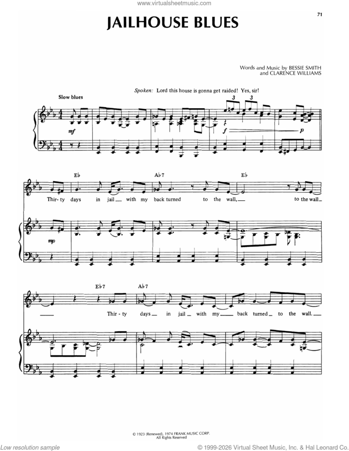 Jailhouse Blues sheet music for voice, piano or guitar by Bessie Smith and Clarence Williams, intermediate skill level