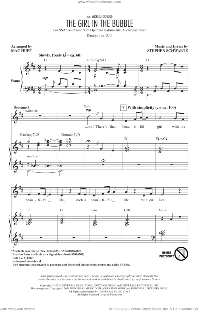 The Girl In The Bubble (from Wicked: For Good) (arr. Mac Huff) sheet music for choir (SSA: soprano, alto) by Ariana Grande, Mac Huff and Stephen Schwartz, intermediate skill level