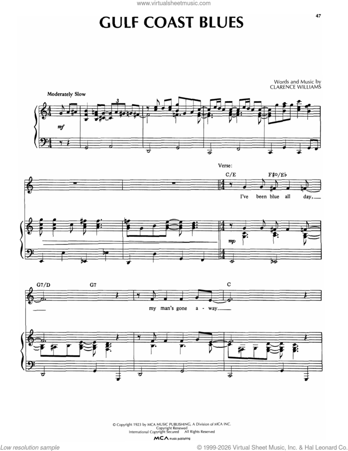 Gulf Coast Blues sheet music for voice, piano or guitar by Bessie Smith and Clarence Williams, intermediate skill level