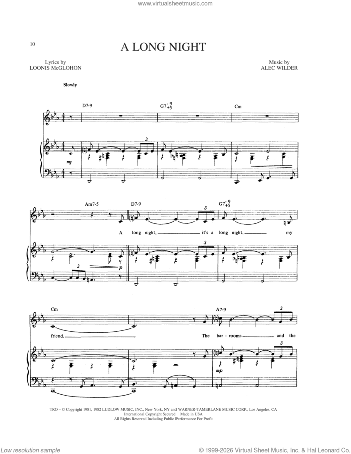 A Long Night sheet music for voice, piano or guitar by Alec Wilder, William Engvick and Loonis McGlohon, intermediate skill level
