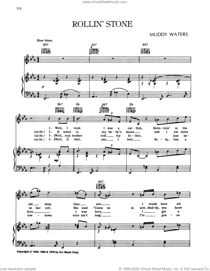 Rollin' Stone (Catfish Blues) sheet music for voice, piano or guitar by Muddy Waters and McKinley Morganfield, intermediate skill level
