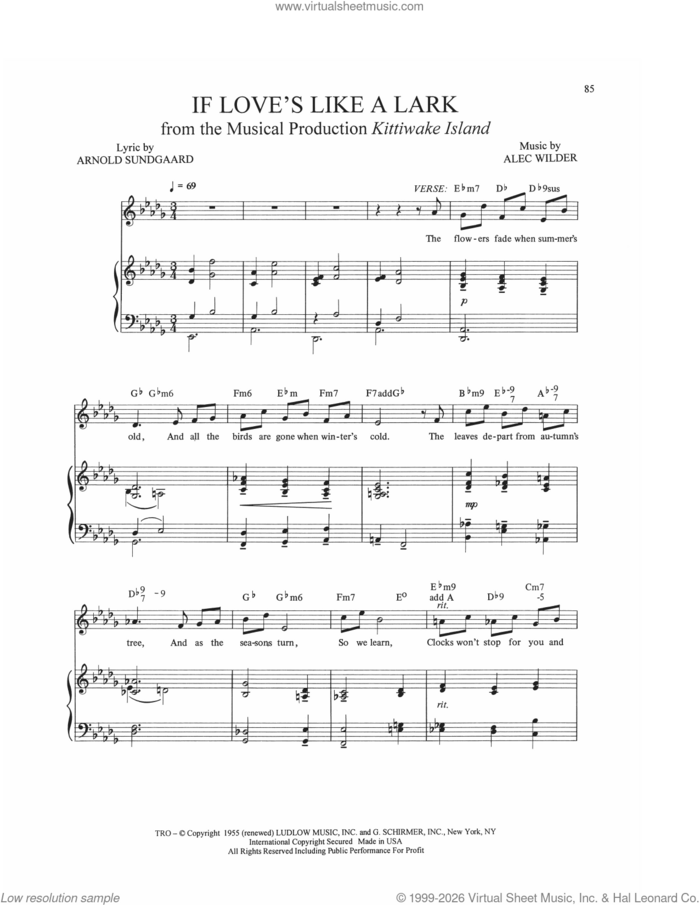 If Love's Like A Lark sheet music for voice, piano or guitar by Alec Wilder, William Engvick and Arnold Sundgaard, intermediate skill level