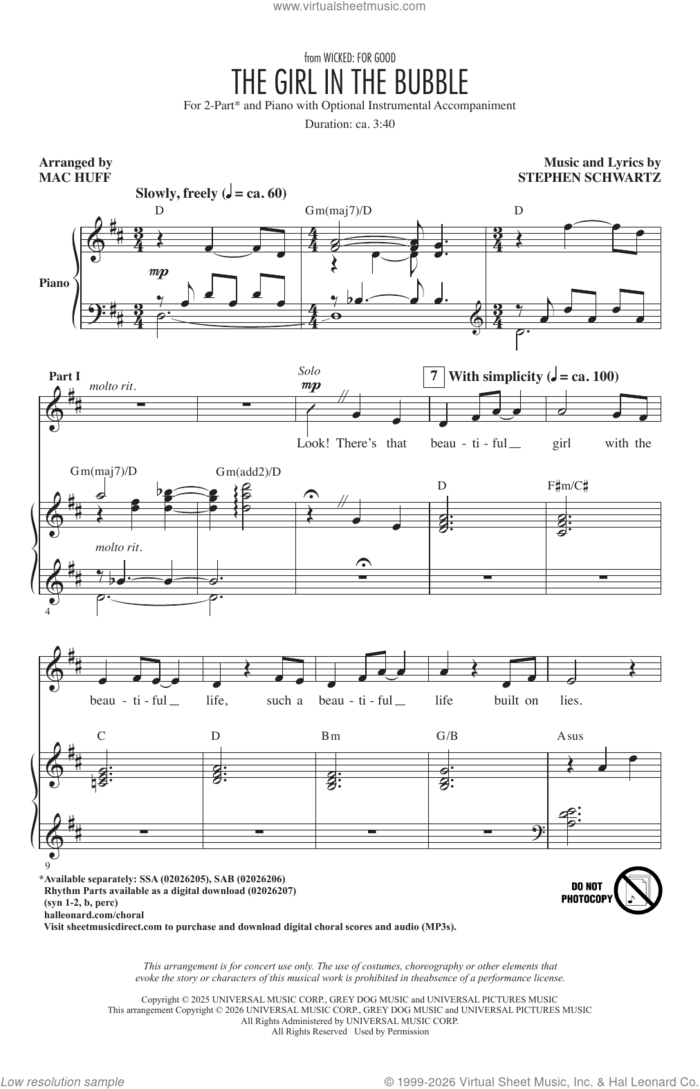 The Girl In The Bubble (from Wicked: For Good) (arr. Mac Huff) sheet music for choir (2-Part) by Ariana Grande, Mac Huff and Stephen Schwartz, intermediate duet