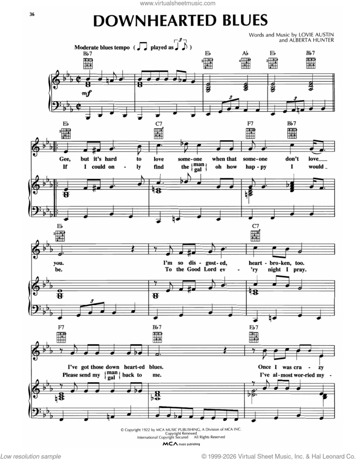 Down Hearted Blues sheet music for voice, piano or guitar by Bessie Smith, Alberta Hunter and Lovie Austin, intermediate skill level