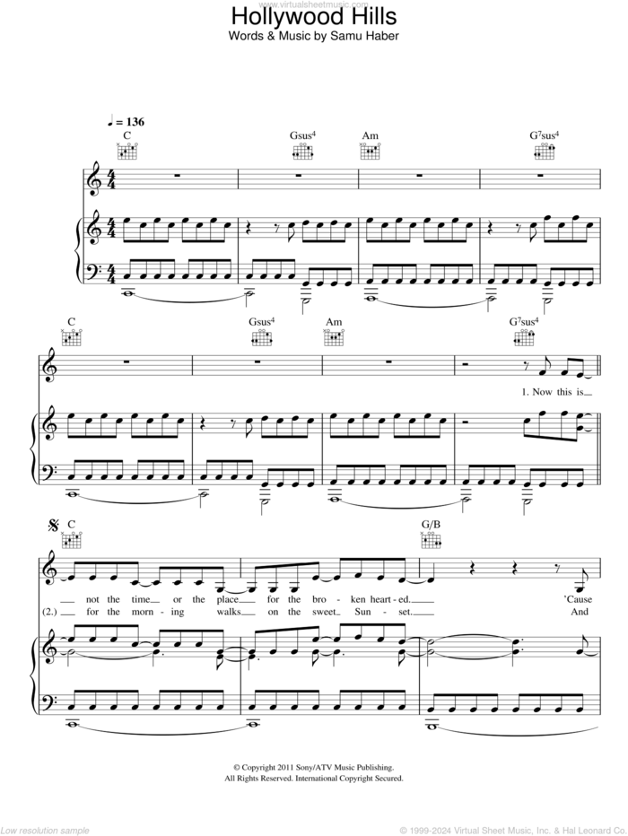 Hollywood Hills sheet music for voice and piano by Sunrise Avenue and Samu Haber, intermediate skill level