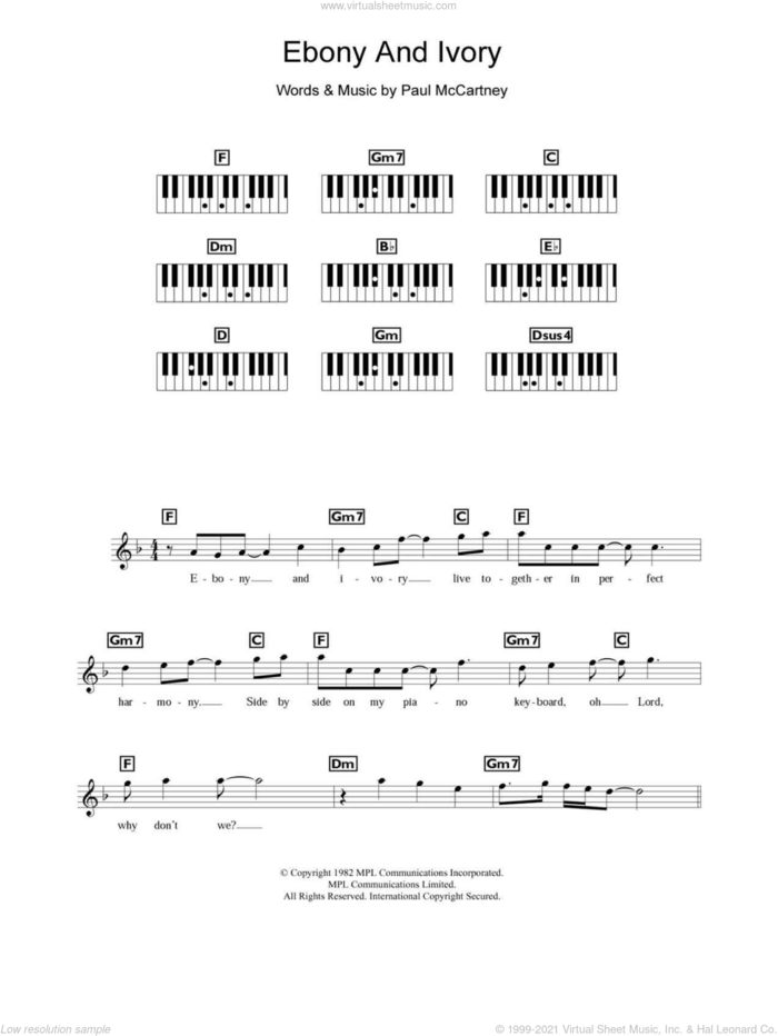Ebony And Ivory sheet music for piano solo (chords, lyrics, melody) by Paul McCartney and Stevie Wonder, Stevie Wonder and Paul McCartney, intermediate piano (chords, lyrics, melody)