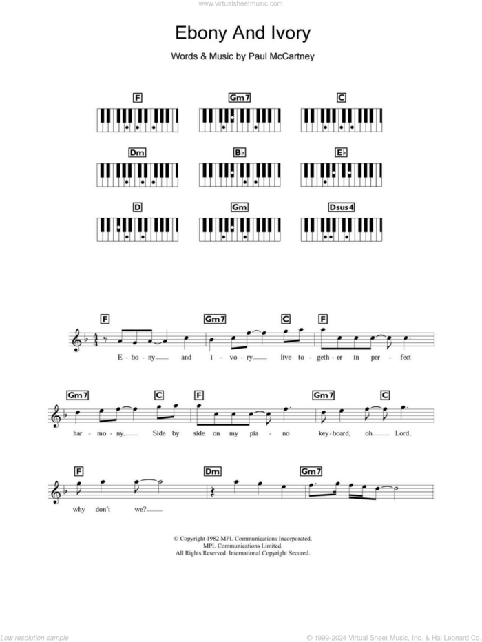 Ebony And Ivory sheet music for piano solo (chords, lyrics, melody) by Paul McCartney and Stevie Wonder, Stevie Wonder and Paul McCartney, intermediate piano (chords, lyrics, melody)