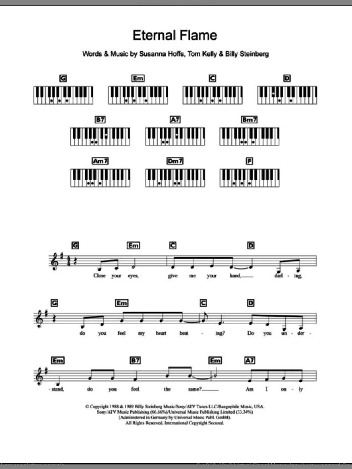 Eternal Flame sheet music for piano solo (chords, lyrics, melody) by The Bangles, Atomic Kitten, Attomic Kitten, Billy Steinberg, Susanna Hoffs and Tom Kelly, intermediate piano (chords, lyrics, melody)
