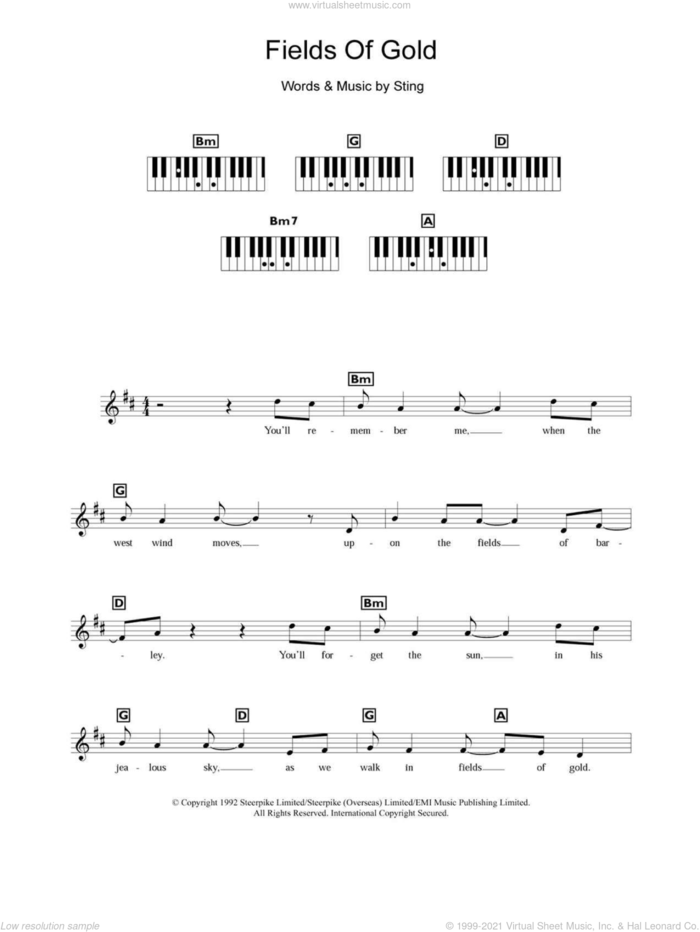 Fields Of Gold sheet music for piano solo (chords, lyrics, melody) by Sting and Eva Cassidy, intermediate piano (chords, lyrics, melody)