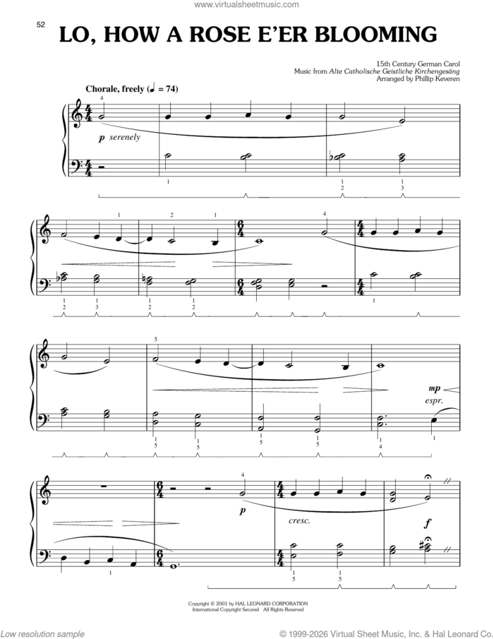 Lo, How A Rose E'er Blooming (arr. Phillip Keveren) sheet music for piano solo by Alte Catholische Geistliche Ki, Phillip Keveren, 15th Century German Carol and Theodore Baker, easy skill level