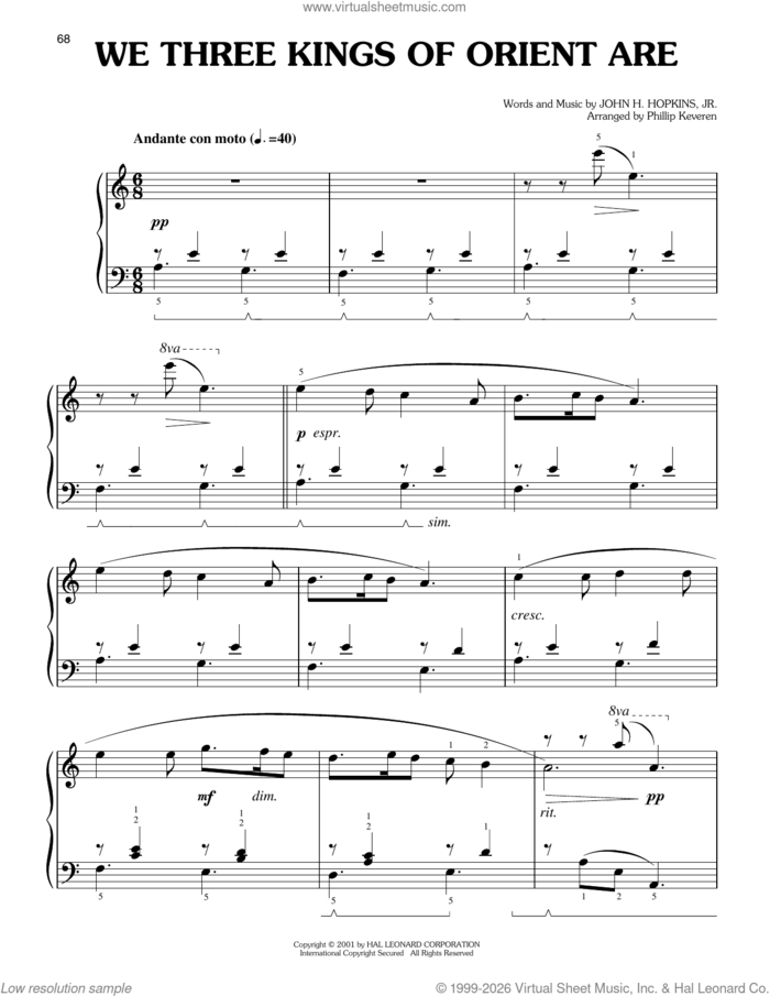We Three Kings Of Orient Are (arr. Phillip Keveren), (easy) (arr. Phillip Keveren) sheet music for piano solo by John H. Hopkins, Jr. and Phillip Keveren, easy skill level