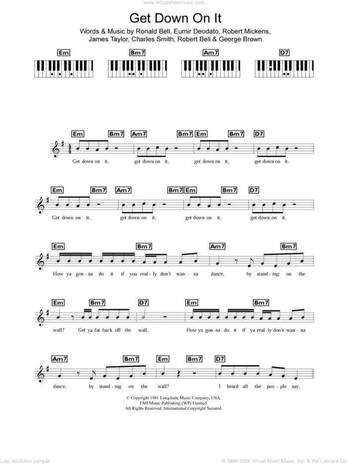 Get Down On It sheet music for piano solo (chords, lyrics, melody) by Kool And The Gang, Peter Andre, Charles Smith, Eumir Deodato, George Brown, James Taylor, Robert Bell, Robert Mickens and Ronald Bell, intermediate piano (chords, lyrics, melody)