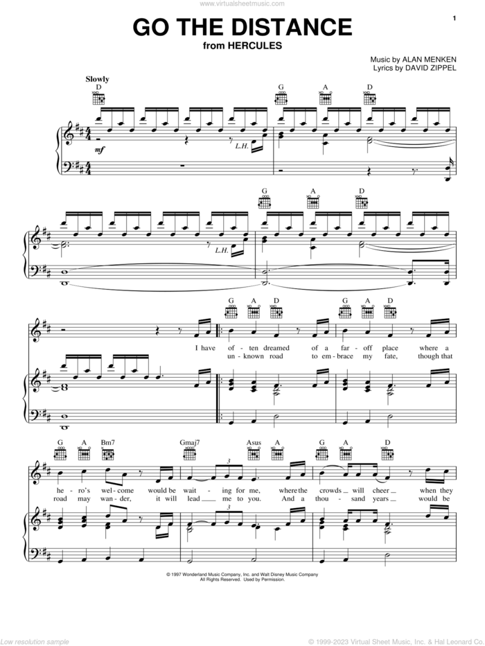 Go The Distance (from Hercules) sheet music for voice, piano or guitar by Michael Bolton, Alan Menken and David Zippel, intermediate skill level