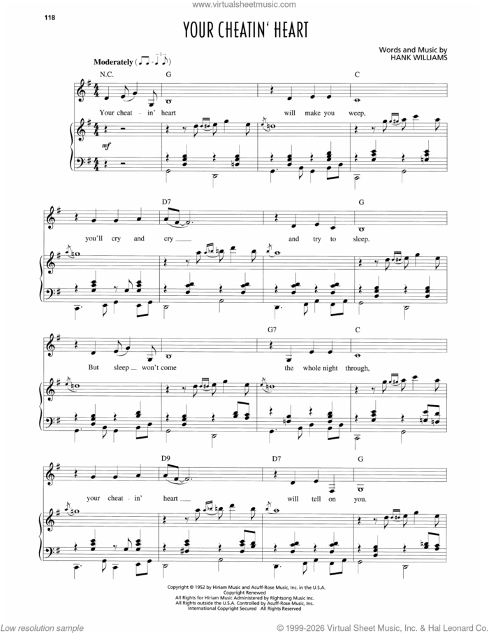 Your Cheatin' Heart sheet music for voice and piano by Patsy Cline and Hank Williams, intermediate skill level