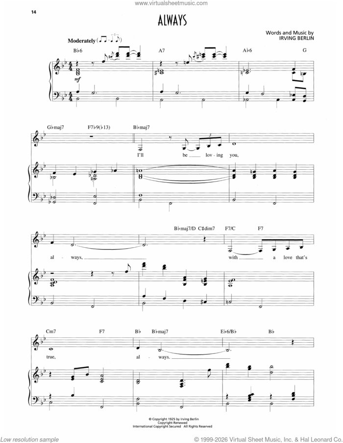 Always sheet music for voice and piano by Patsy Cline and Irving Berlin, intermediate skill level