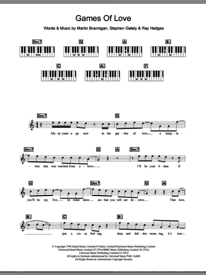 Games Of Love sheet music for piano solo (chords, lyrics, melody) by Boyzone, Martin Brannigan, Ray Hedges and Stephen Gately, intermediate piano (chords, lyrics, melody)