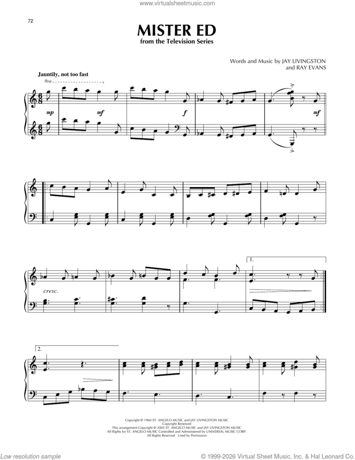 Mister Ed sheet music for piano solo by Ray Evans and Jay Livingston, intermediate skill level
