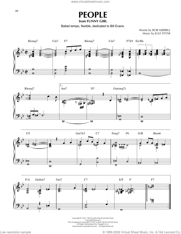 People (arr. Thomas Coppola) sheet music for piano solo by Barbra Streisand, Thomas Coppola, Bob Merrill and Jule Styne, intermediate skill level