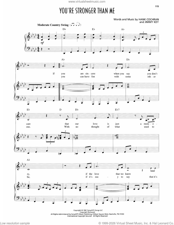 You're Stronger Than Me sheet music for voice and piano by Patsy Cline, Hank Cochran and Jimmy Key, intermediate skill level