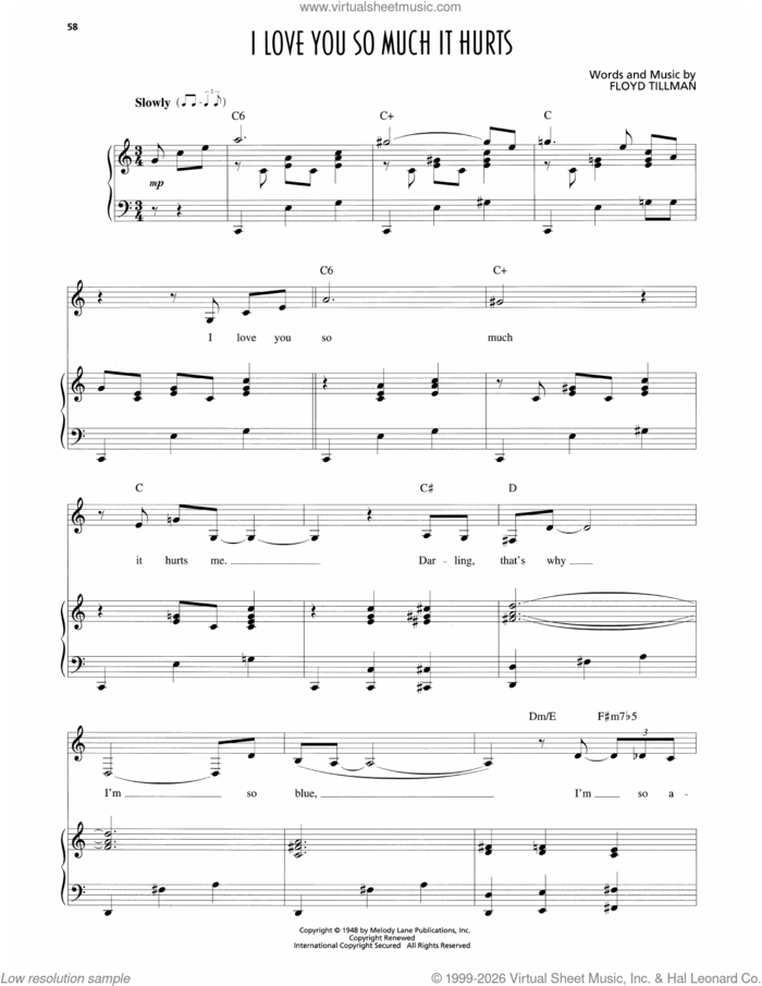 I Love You So Much It Hurts Me sheet music for voice and piano by Patsy Cline and Floyd Tillman, intermediate skill level