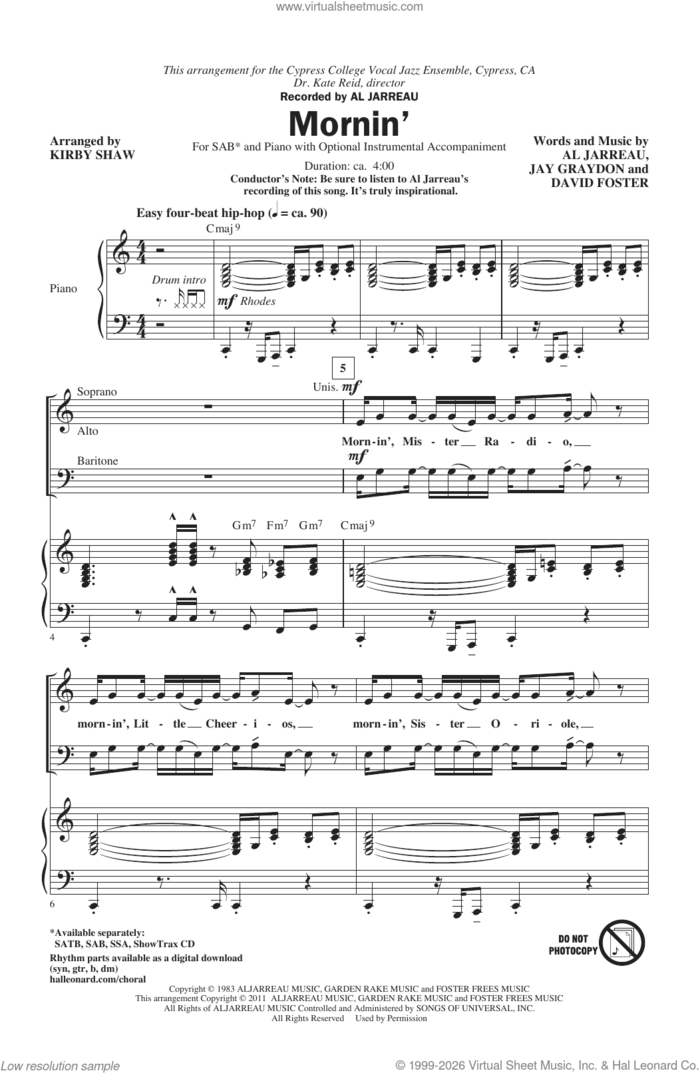 Mornin' (arr. Kirby Shaw) sheet music for choir (SAB: soprano, alto, bass) by Al Jarreau, Kirby Shaw, David Foster and Jay Graydon, intermediate skill level