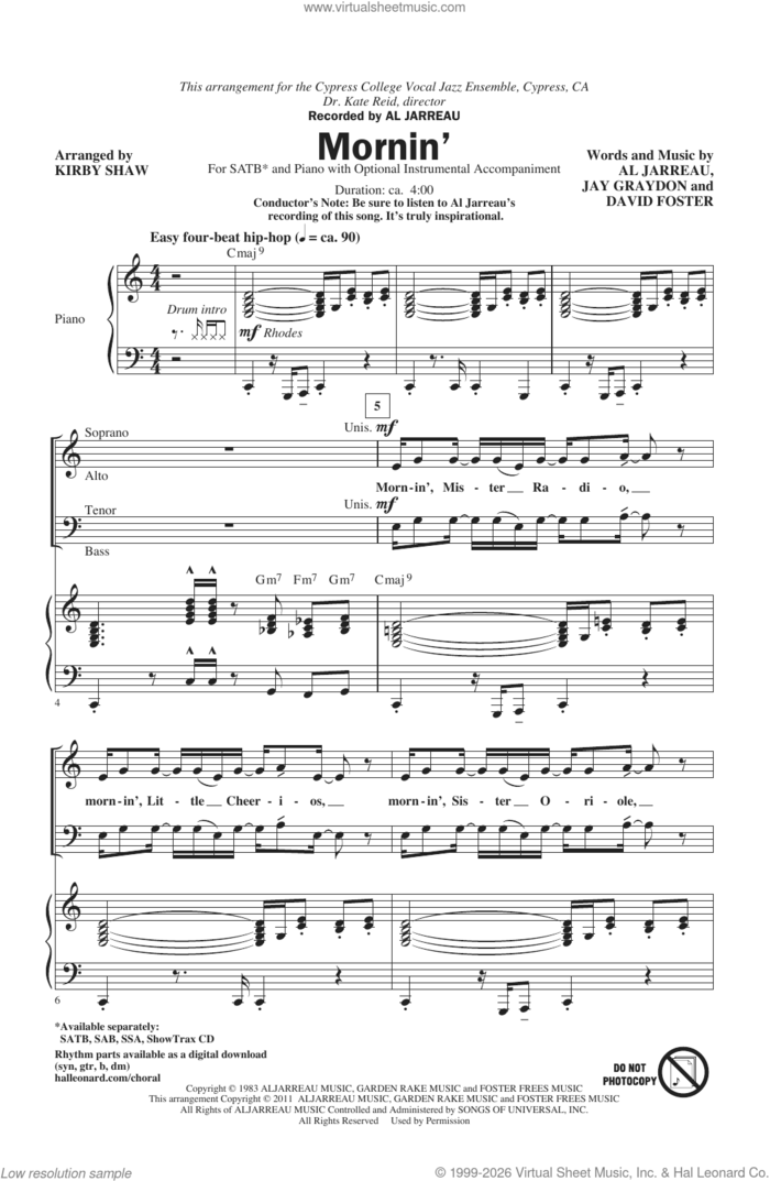 Mornin' (arr. Kirby Shaw) sheet music for choir (SATB: soprano, alto, tenor, bass) by Al Jarreau, Kirby Shaw, David Foster and Jay Graydon, intermediate skill level