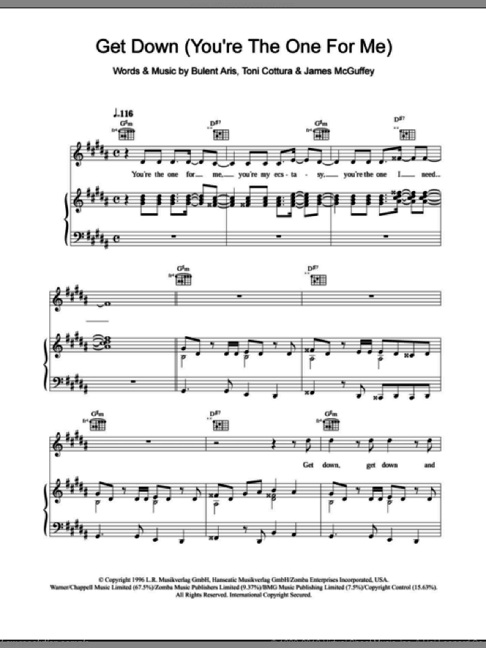 Get Down (You're The One For Me) sheet music for voice, piano or guitar by Backstreet Boys, Bulent Aris, James McGuffey and Toni Cottura, intermediate skill level