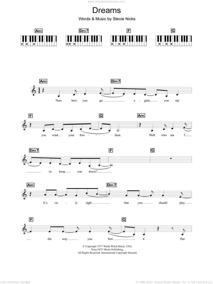 Dreams sheet music for piano solo (chords, lyrics, melody) by Fleetwood Mac, The Corrs and Stevie Nicks, intermediate piano (chords, lyrics, melody)