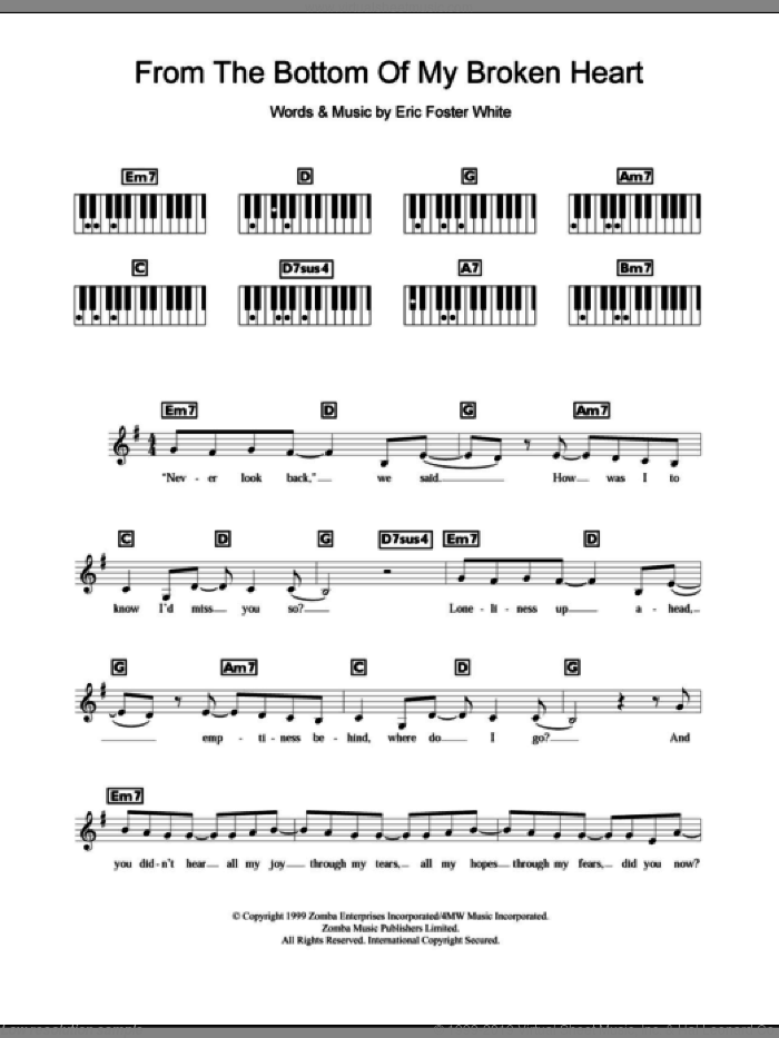 From The Bottom Of My Broken Heart sheet music for piano solo (chords, lyrics, melody) by Britney Spears and Eric Foster White, intermediate piano (chords, lyrics, melody)