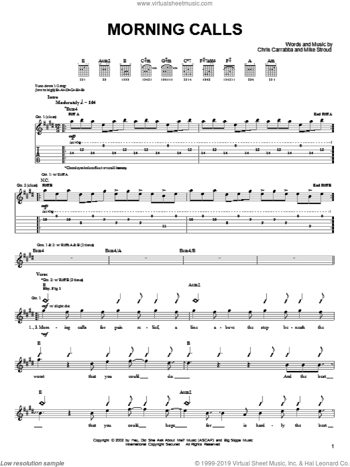 Morning Calls sheet music for guitar (tablature) by Dashboard Confessional, Chris Carrabba and Mike Stroud, intermediate skill level