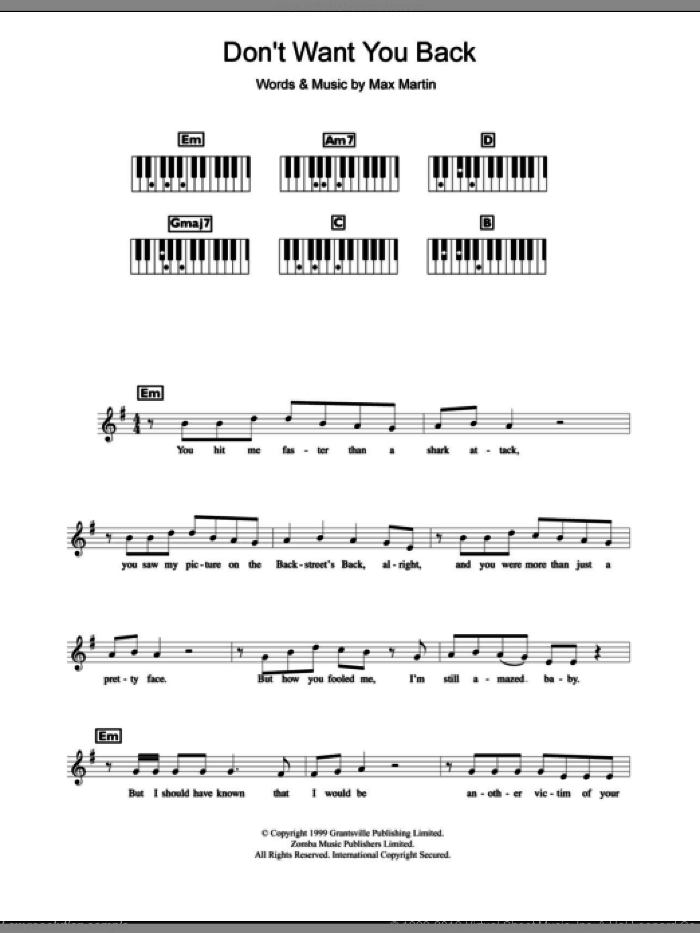 Don't Want You Back sheet music for piano solo (chords, lyrics, melody) by Backstreet Boys and Max Martin, intermediate piano (chords, lyrics, melody)