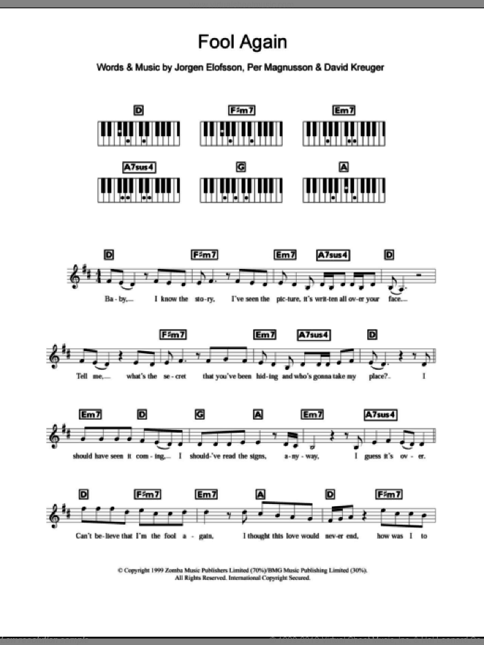 Fool Again sheet music for piano solo (chords, lyrics, melody) by Westlife, David Kreuger, Jorgen Elofsson and Per Magnusson, intermediate piano (chords, lyrics, melody)