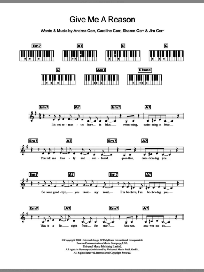 Give Me A Reason sheet music for piano solo (chords, lyrics, melody) by The Corrs, Andrea Corr, Caroline Corr, Jim Corr and Sharon Corr, intermediate piano (chords, lyrics, melody)