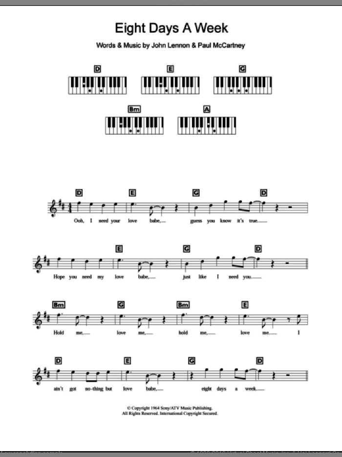 Eight Days A Week sheet music for piano solo (chords, lyrics, melody) by The Beatles, John Lennon and Paul McCartney, intermediate piano (chords, lyrics, melody)