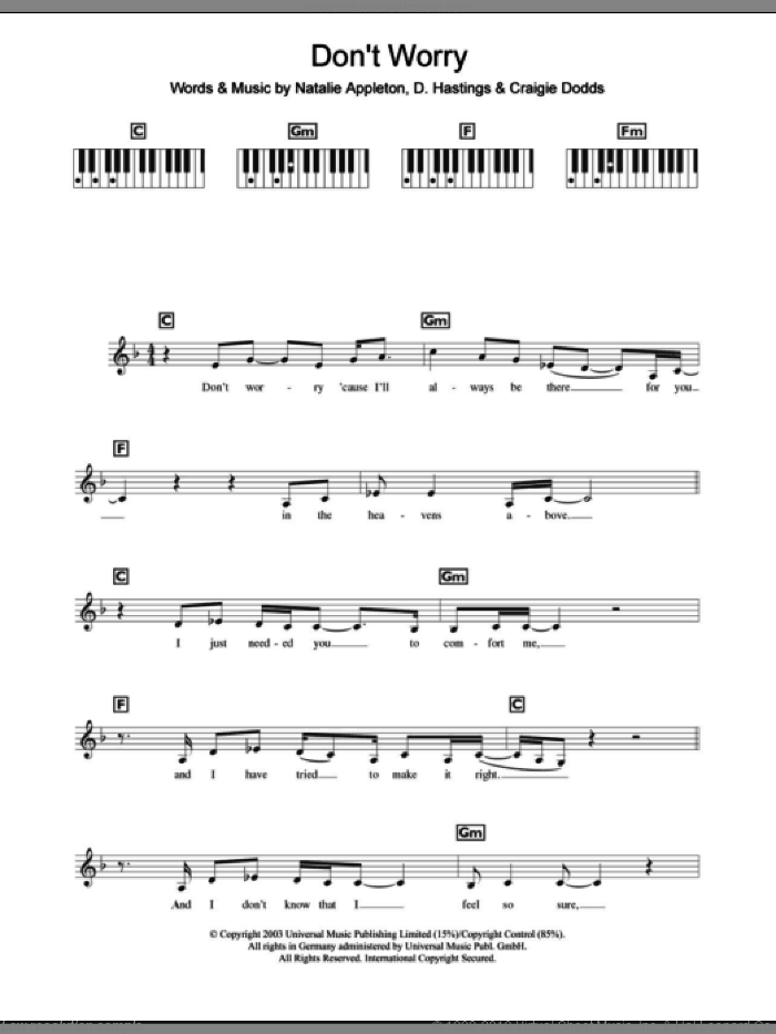 Don't Worry sheet music for piano solo (chords, lyrics, melody) by Natalie Appleton, Craigie Dodds and D. Hastings, intermediate piano (chords, lyrics, melody)