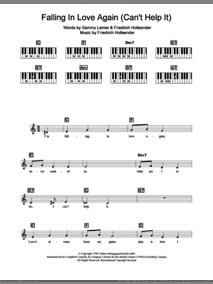 Falling In Love Again (Can't Help It) sheet music for piano solo (chords, lyrics, melody) by Marlene Dietrich, Friedrich Hollaender and Sammy Lerner, intermediate piano (chords, lyrics, melody)