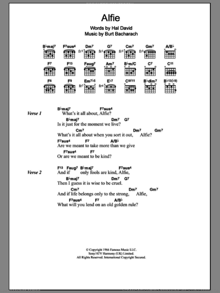 Alfie sheet music for guitar (chords) by Bacharach & David, Cilla Black, Burt Bacharach and Hal David, intermediate skill level