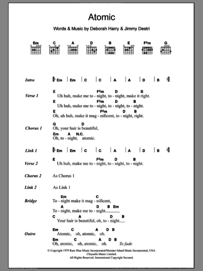Atomic sheet music for guitar (chords) by Blondie, Deborah Harry and Jimmy Destri, intermediate skill level
