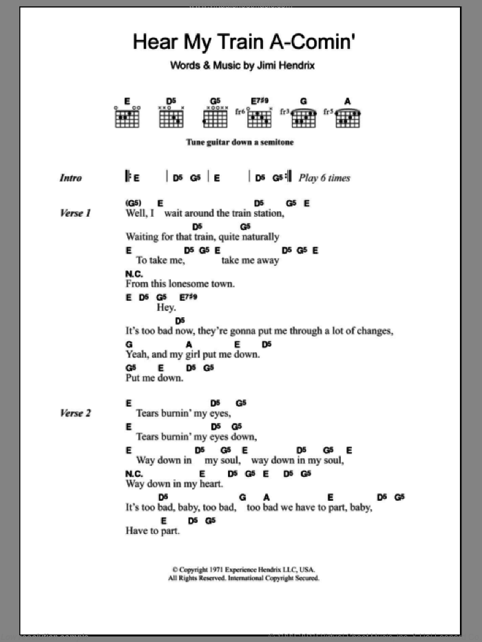 Hear My Train A Comin' (Get My Heart Back Together) sheet music for guitar (chords) by Jimi Hendrix, intermediate skill level